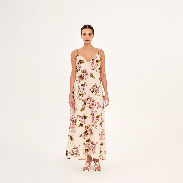 MIDI SLIP DRESS 100% LINEN ROSE 257