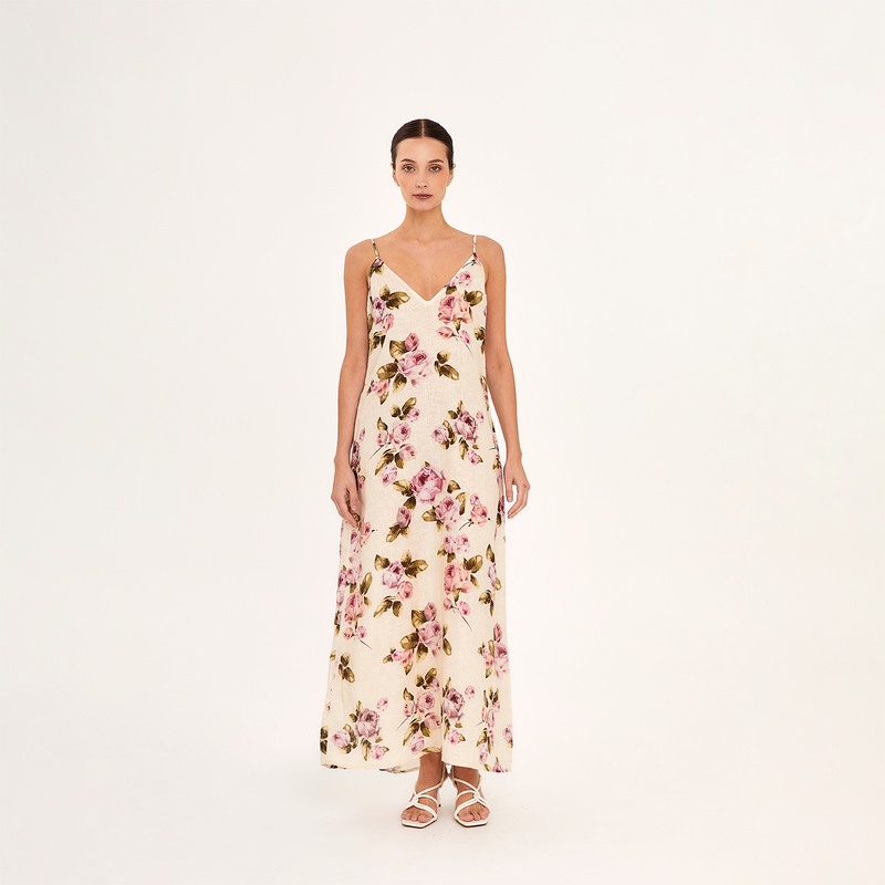 MIDI SLIP DRESS 100% LINEN ROSE 257