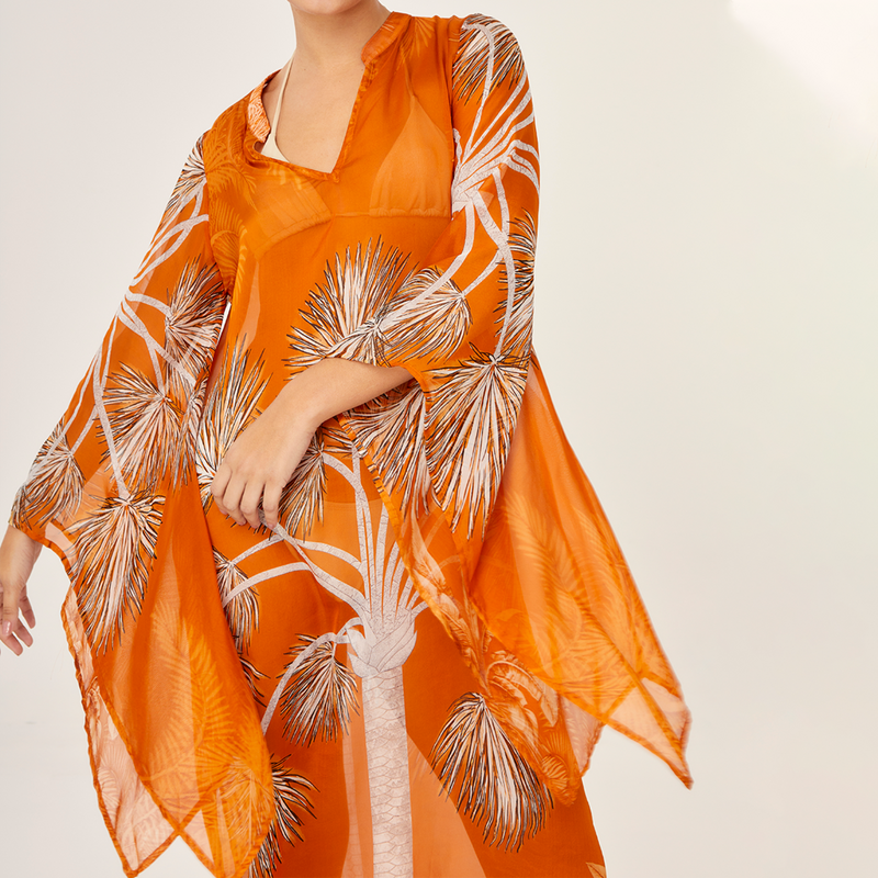 LONG KAFTAN 100% SILK CHIFFON VILLA ORANGE 351