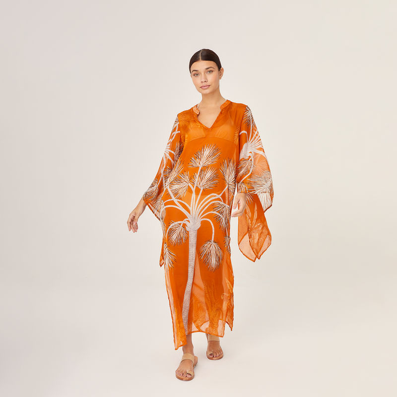 LONG KAFTAN 100% SILK CHIFFON VILLA ORANGE 351