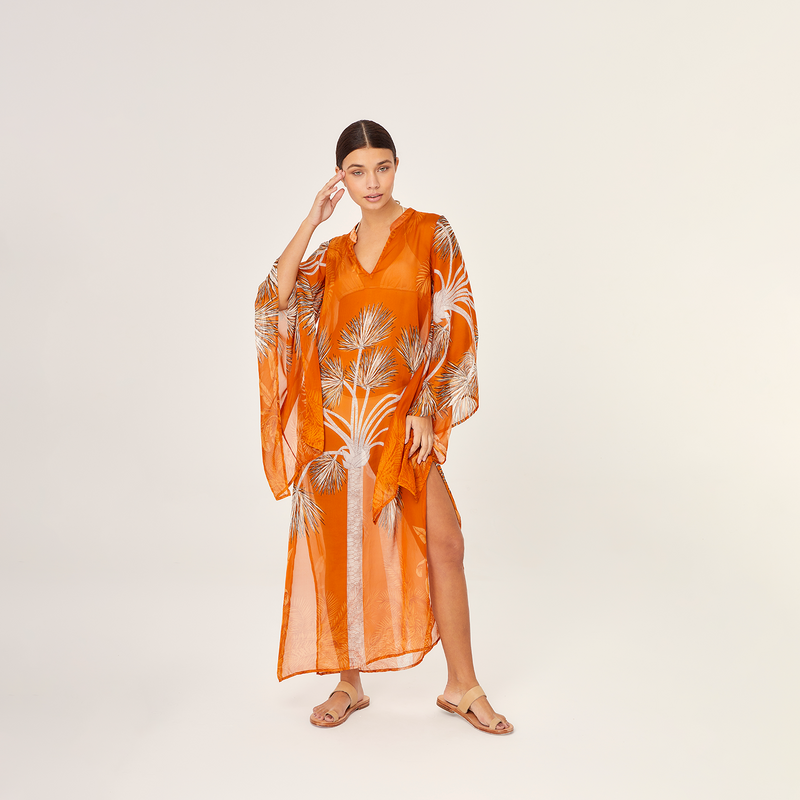 LONG KAFTAN 100% SILK CHIFFON VILLA ORANGE 351