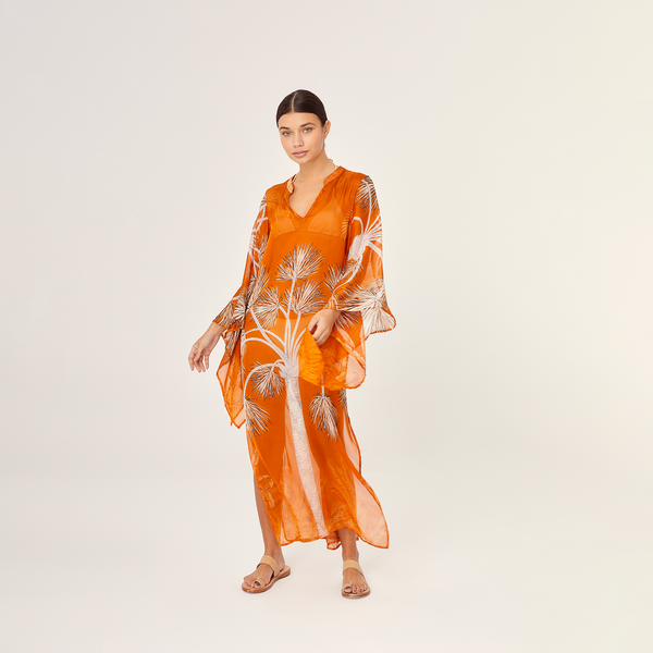 LONG KAFTAN 100% SILK CHIFFON VILLA ORANGE 351